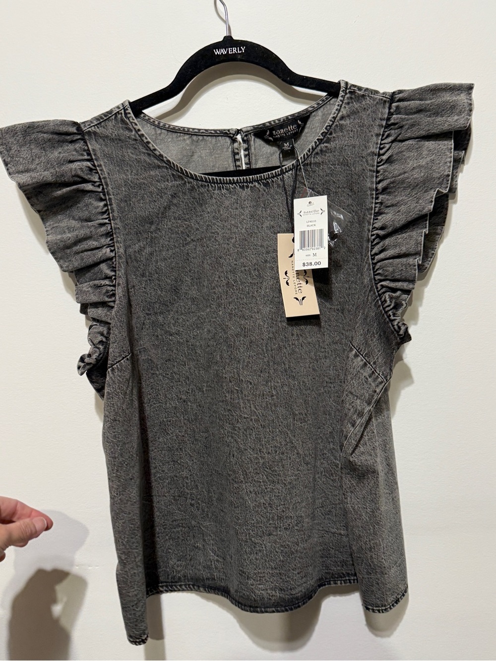 NWT Nanette Lepore Washed Grey Ruffle Sleeve Denim-Blouse - Picture 1 of 3